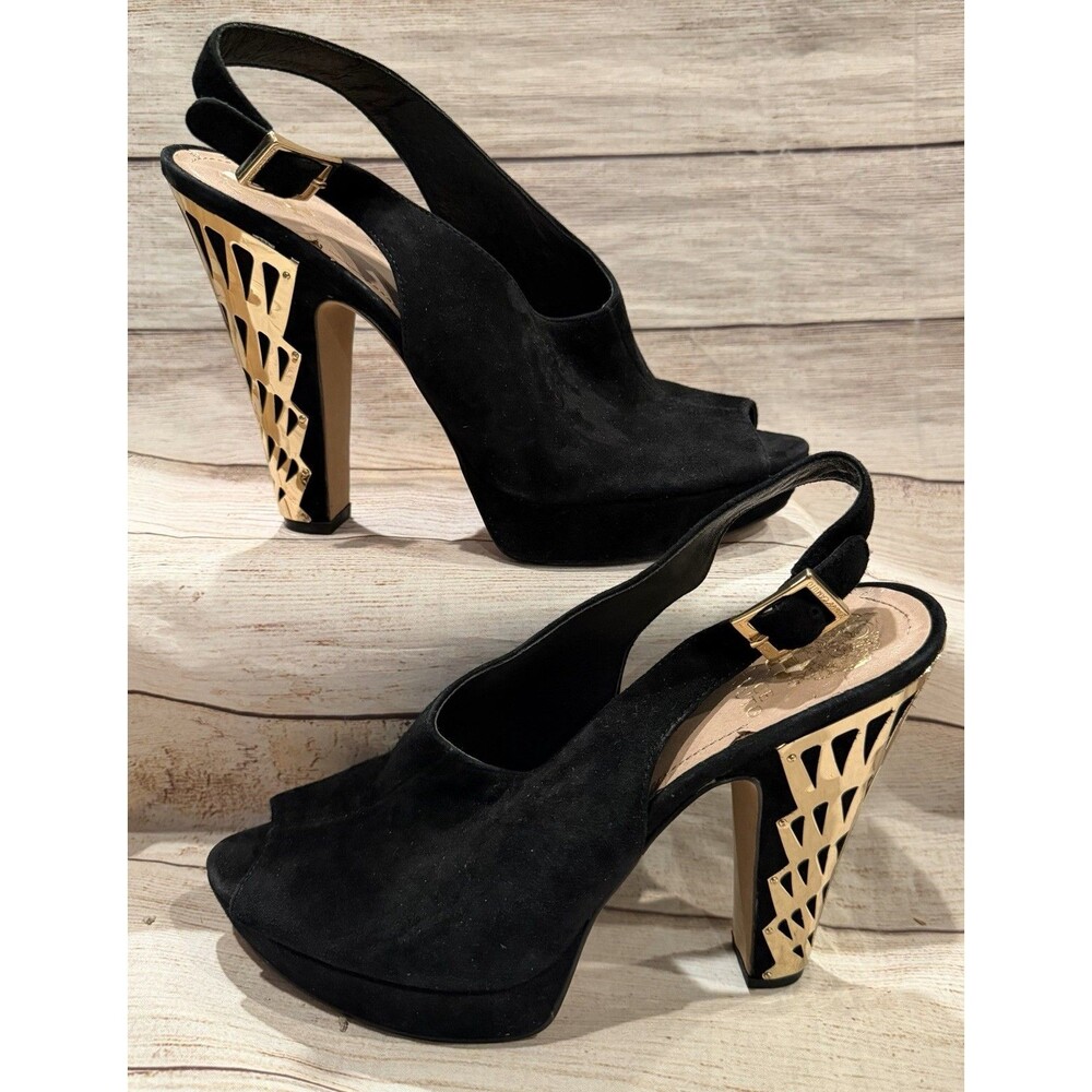 Vince Camuto black suede peep toe shoes Gold Metal Cut Out Heel Size 10